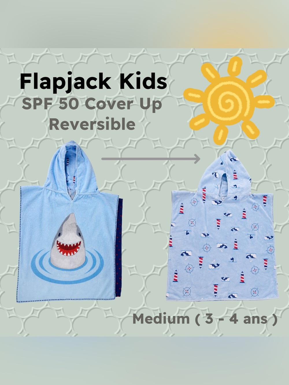 👍VGUC FLAPJACK KIDS | MED | Cute Unisex Reversible Cover Up Shark & Nautical